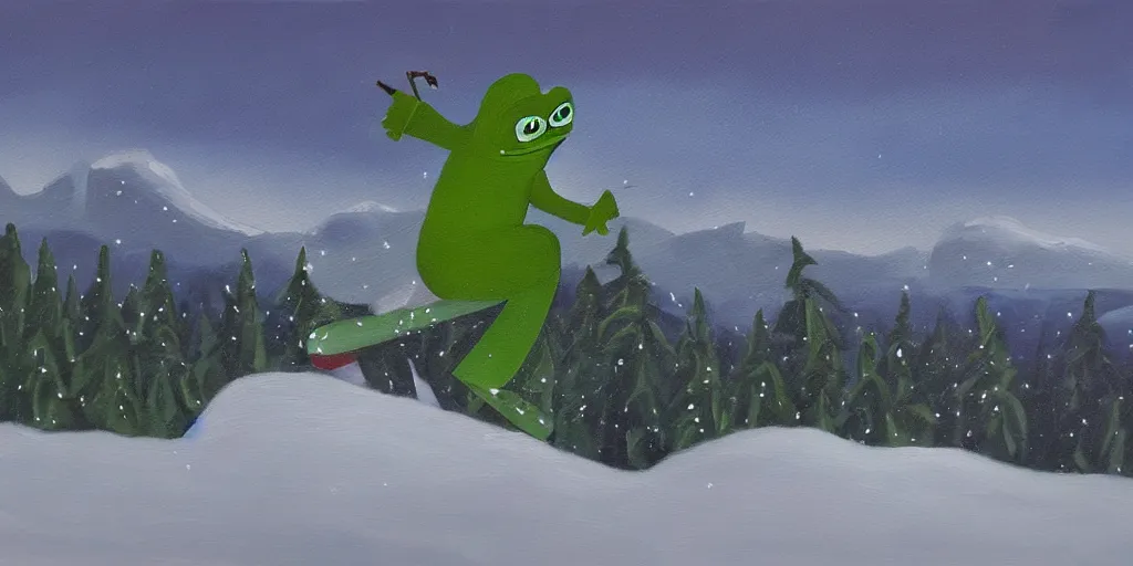 Image similar to pepe the frog snowboarding, gloomy landscape, oil painting by christopher radlund