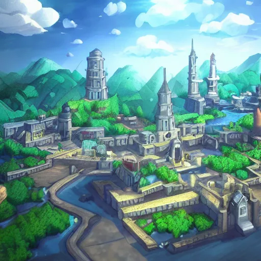 Image similar to the city of azuria in pokemon diamond, 3 d render, dramatic lighting, intricate, wild, highly detailed, digital painting, artstation, concept art, smooth, sharp focus, illustration, art in the style of pokemon games