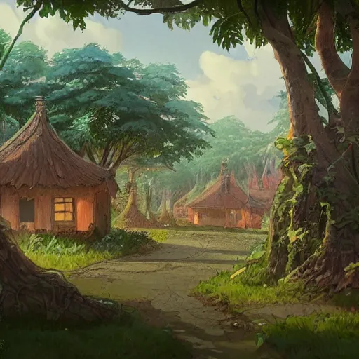 Image similar to concept art painting of a forest village with houses made of trees and roots, houses inside trees, vines, deep forest, realistic, detailed, cel shaded, in the style of makoto shinkai and greg rutkowski and james gurney