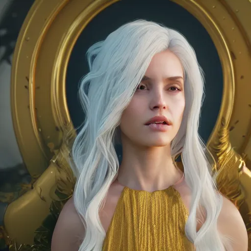 Image similar to a portrait of a girl with goddess like beauty with white hair and golden ornaments around her dress and hair, 8 k uhd, unreal engine, octane render in the artstyle of ilya kushinov and zeenchin