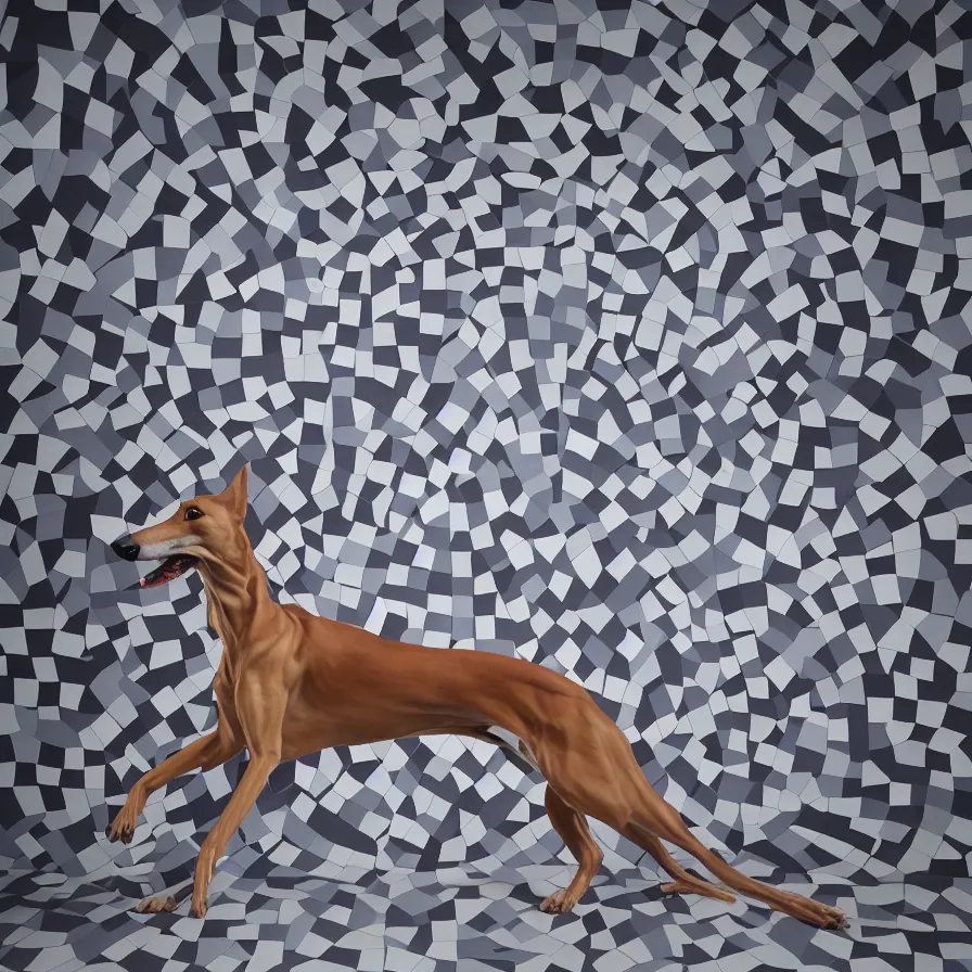 Image similar to beautiful gallery show studio photograph of a giant realistic geometric ceramic sculpture of a greyhound!!!!, heavily glazed by bridget riley and victor vasarely, placed on a polished wooden table, colorful hyperrealism 8 k trending on artstation