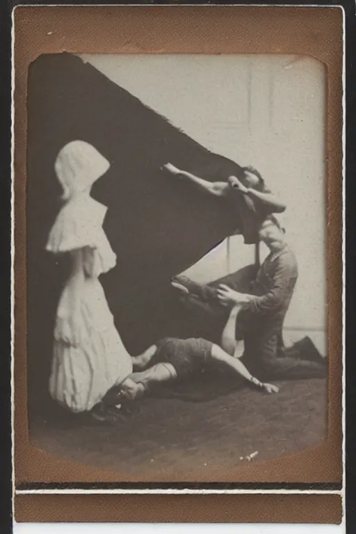 Image similar to man falling apart while a woman tries to hold the fallen parts, 1 9 1 0 polaroid photo