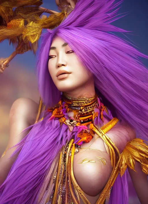 Image similar to closeup photoshoot of a asian goddess of bliss and honey, purple feathers hair, silk flowing in wind, totemic, ritualistic, tarot sigils embedded in ruby skin, photoreal, unreal engine, redshift render, trending on artstation