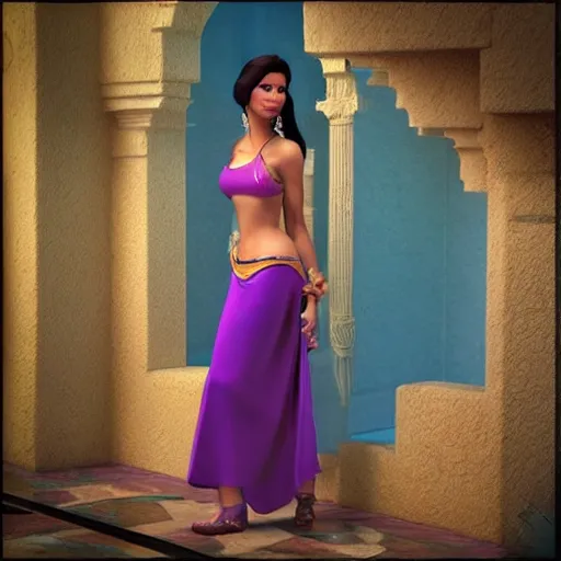 Image similar to “disney princess jasmine life like Realistic PBR 3D Model, but as a photograph by Annie Leibovitz, daz3d genesis iray, v-ray, unreal engine, HDRI shaders, 8k textures, cinematic studio lighting”