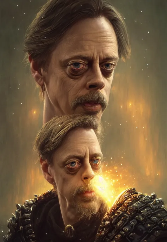 Image similar to highly detailed close up portrait of steve buscemi as a fantasy cleric surrounded by magic, in skyrim, stephen bliss, unreal engine, fantasy art by greg rutkowski, loish, rhads, ferdinand knab, makoto shinkai and lois van baarle, ilya kuvshinov, rossdraws, tom bagshaw, global illumination, radiant light, detailed and intricate environment