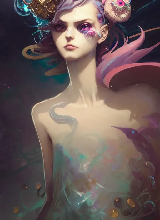 Image similar to close up picture of an maximalist dress magical girl, neat hair, extremely beautiful and aesthetic and detailed cute face and eyes, wipe out evils with cute familiar sprites, chiaroscuro, intricate, masterpiece, fantasy illustrations by peter mohrbacher and anato finnstark and jeremy lipking