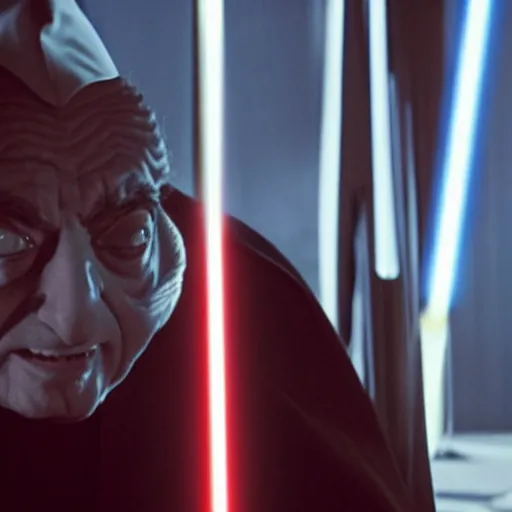 Image similar to mr. bean as darth sidious in star wars, film still, cinematic lighting, highly detailed