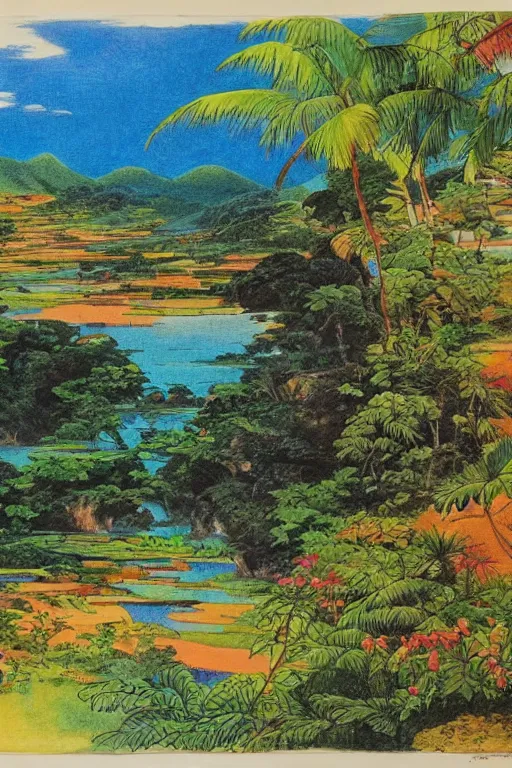 Image similar to a 2D drawing of a beautiful Philippine landscape, colorful and exotic by hiroshi yoshida