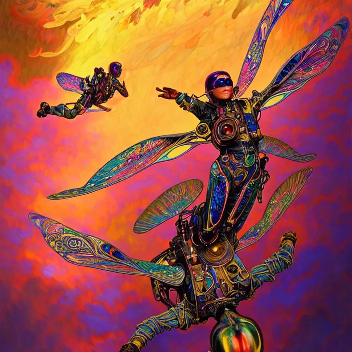 Image similar to bright psychedelic portrait of organic skydiving cyborg with wings, diffuse lighting, fantasy, intricate, elegant, highly detailed, lifelike, photorealistic, digital painting, artstation, illustration, concept art, smooth, sharp focus, art by John Collier and Albert Aublet and Krenz Cushart and Artem Demura and Alphonse Mucha