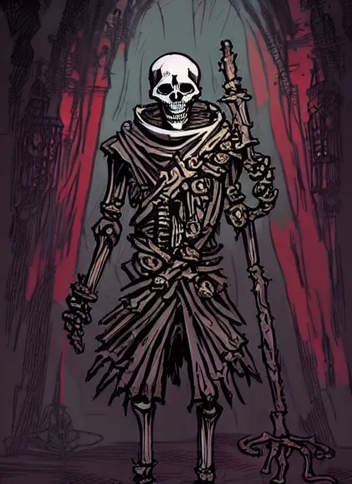 Prompt: concept art of a skeleton mage wearing robes in darkest dungeon, highly detailed, dark atmosphere, cosmic horror, body horror, lovecraft mythos, key character poster