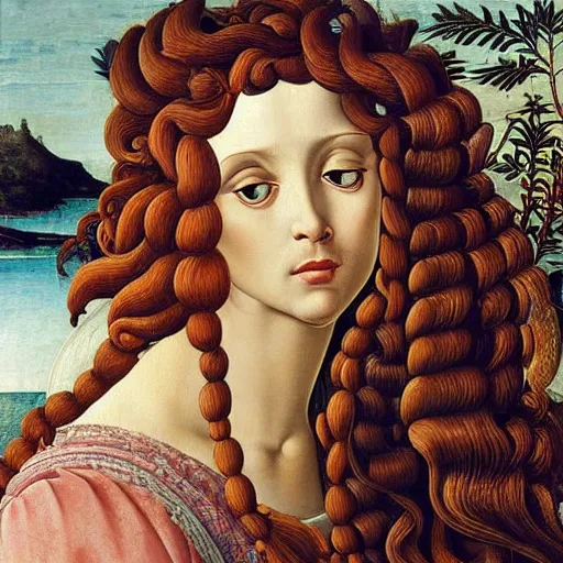 Prompt: an hyperrealistic mythological oil painting of a beautiful woman with long curly brown hair, wearing floral chiton, lying in a giant scallop shell near the seashore, intricate, elegant, renaissance style, by sandro botticelli