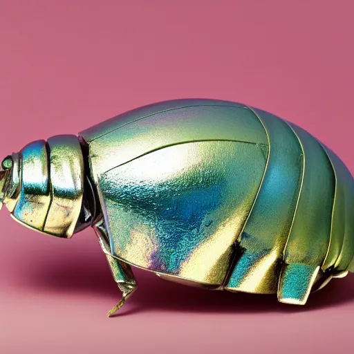 Prompt: 9 0 mm studio photograph tiny, abstract iridescent metallic giant isopod. from a distance. white background!!!!!!!!!!!!!!!!!!. long shot. centered in frame