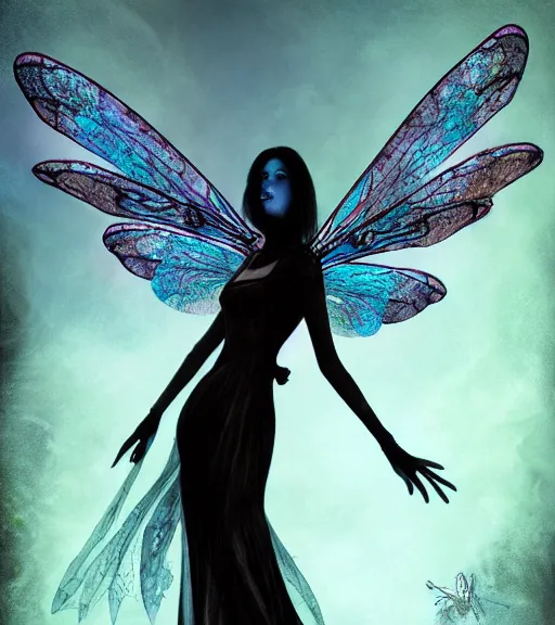 Image similar to gothic fairy with dragonfly wings, digital painting, liminal eerie midnight backlit, a picture taken by Michael Komarck