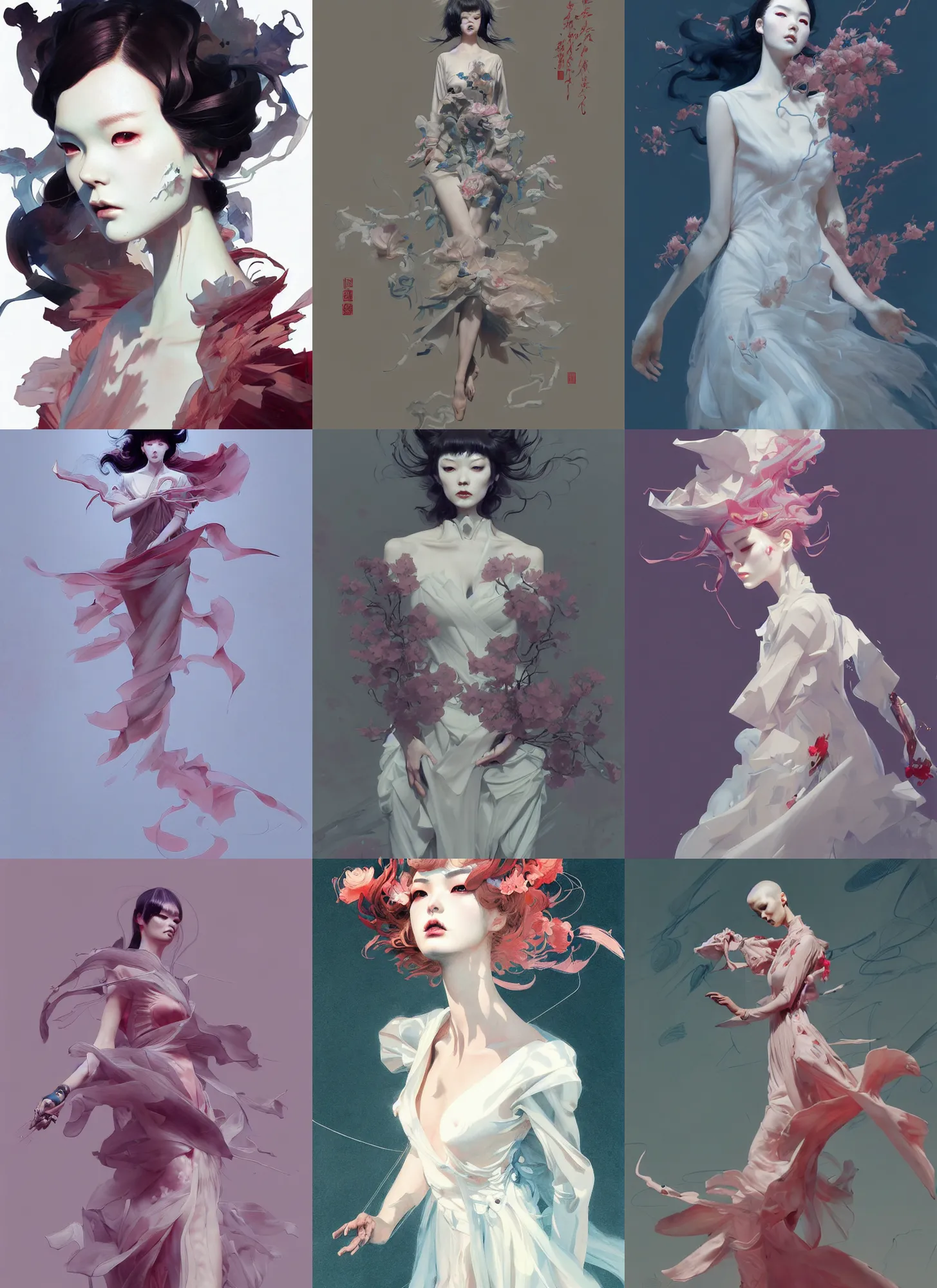 Prompt: character design by james jean, ruan jia, ilya kuvshinov, martine johanna, jakub rebelka ( ( ( portrait of hoyeon jung in seductive luxurious flowy tornado dress ) ) ) emerging from lighting and powerful thunder, sharp edges. ultra detailed, majestic, intricate,