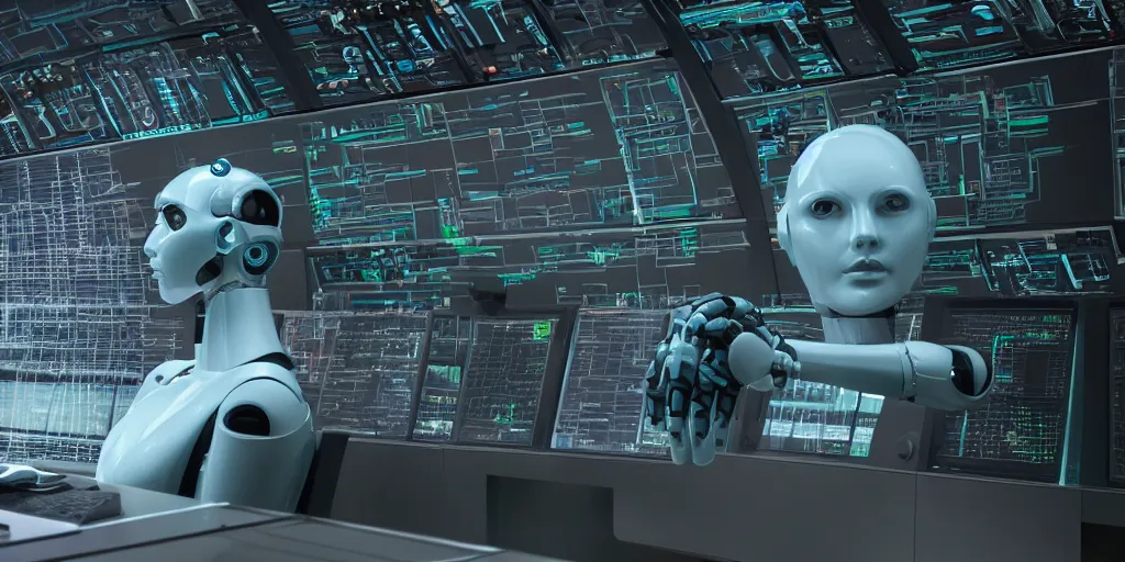 Image similar to a robot as The Thinker sculpture in a sci-fi control room, highly detailed, 8k UHD