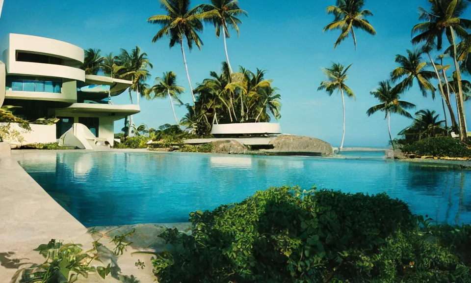 Image similar to 35mm film still, morning light over futuristic low-Fi villa on the beach at a tropical island, vivid , color palette of gold, infinity pool in front of house