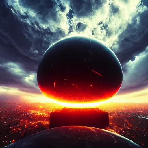 Image similar to a black glowing sphere in the center of the sky surrounded by swirling firestorm clouds, a detailed wide cityscape modern, wide perspective, highly detailed digital art, cinematic, hyper realism, oil on canvas, trending on Artstation, octane render