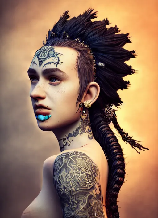 Image similar to a beautiful portrait of a beautiful girl with piercings in a collar with a mohawk hairstyle in a medieval dress, behance hd, oliver mark, global illumination, detailed and intricate environment