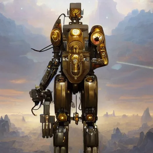 Image similar to epic painting of a realistic four - legged intricate battle robot, rule of thirds, golden ratio, subject in center of frame, trending on artstation, detailed science fiction matte painting by artgerm and greg rutkowski and alphonse mucha,