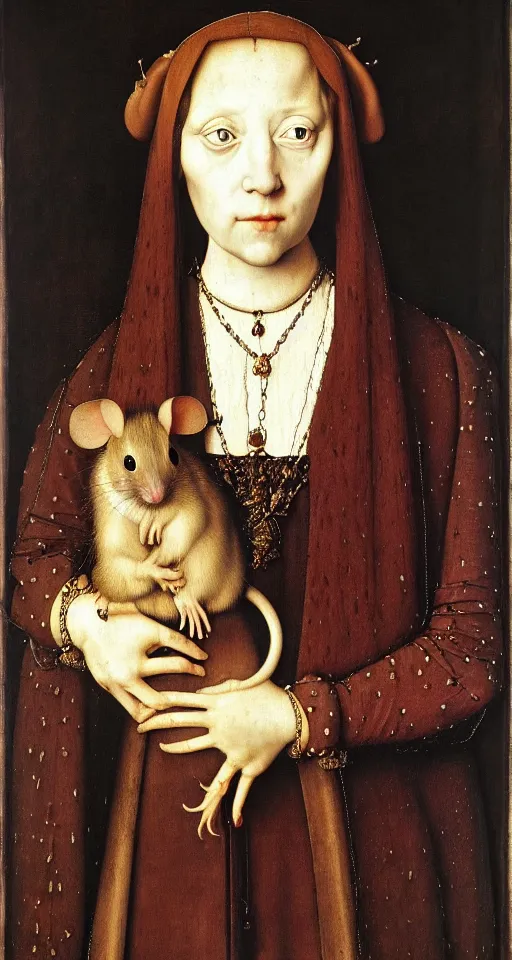 Prompt: painted portrait of a beautiful strange girl with a rat, 1 6 th century, hans holbein the younger, jan van eyck, gerit dou,