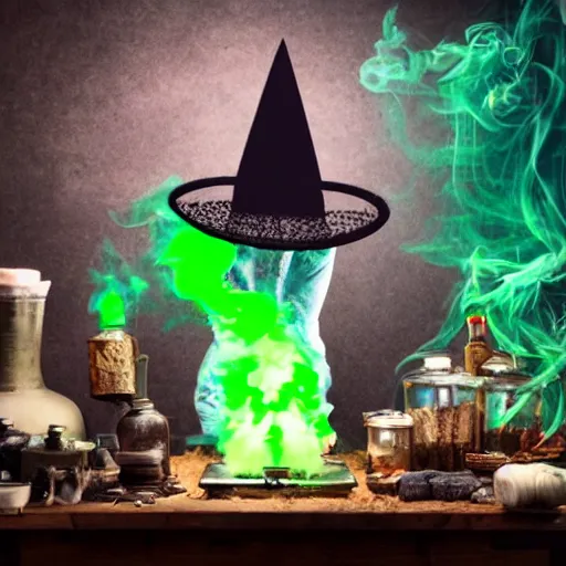 Image similar to owl, teen witch mixing a spell in a cauldron, wispy smoke, witch hat, studio photography, green glowing smoke is coming out of the cauldron, ingredients on the table, unorganized apothecary shelves in the background