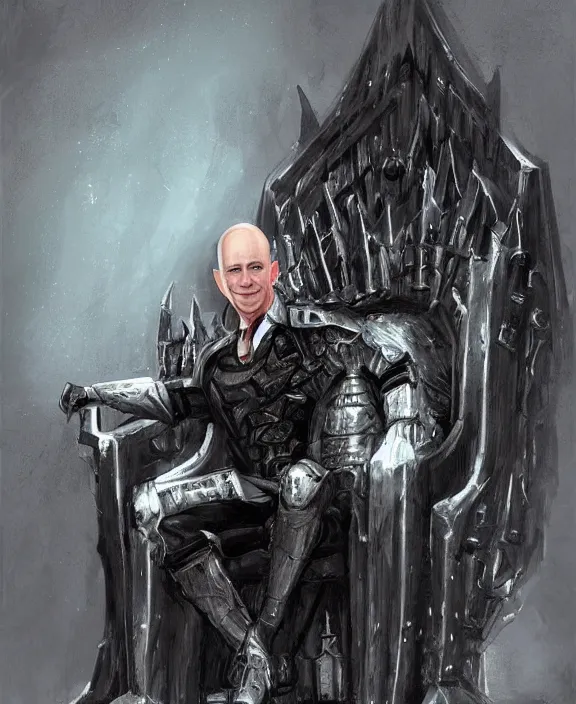 Image similar to a grimdark fantasy concept art portrait of jeff bezos sitting on a dark and evil throne