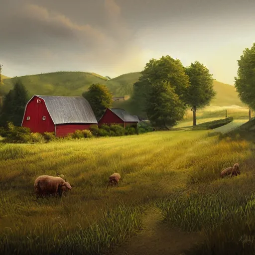 Image similar to A rural landscape with a farmhouse and barn in the distance, digital painting, high detail, no blur, concept art, by Justin Peters