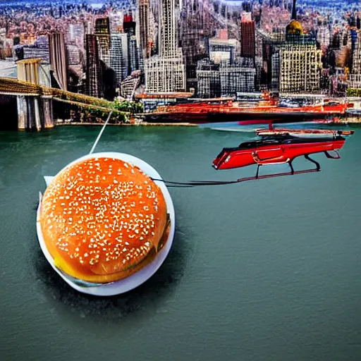 Image similar to giant delicious burger and fries splashes into New York city river, mind-bending digital art, macro photography 25mm, hollywood movie cinematic helicopter view