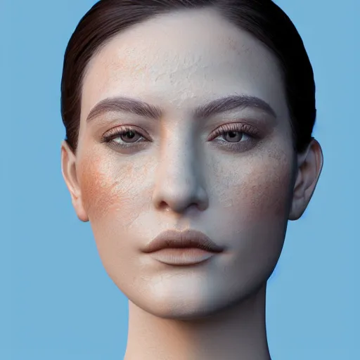 Prompt: 3 d render, hyper detailed, realistic female face and shoulders, white porcelain, fine facial features, white eyes and eyelashes, 8 k, 1 5 0 ml lens, elegant, white background pastel blue lighting, octane render, volumetric lighting - h 7 0 4