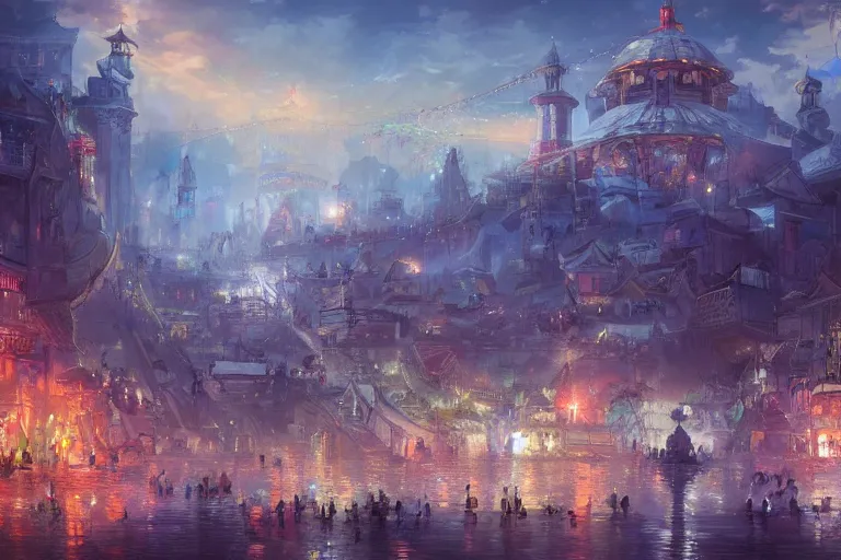 Image similar to Amagical eastern civilization at night, built around ocean, full with people, a lot of lights, multi layered huge architectures. Trending on artstation