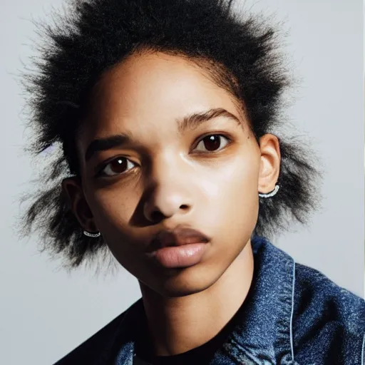 Image similar to realistic photo for a new sacai emil lookbook color film photography portrait of a beautiful woman model, model wears a black paneled denim jacket, photo in style of tyler mitchell