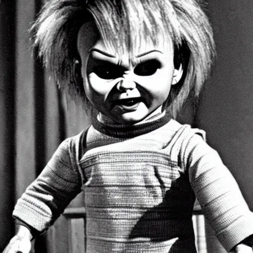 Image similar to Chucky the killer doll from the movie Child's Play in an episode of I love lucy