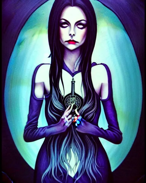 Prompt: style of kelly mckernan : : gorgeous willa holland : : evil witch, swirling black magic, black dress : : symmetrical face, symmetrical eyes : : full body pose : : gorgeous black hair : : magic lighting, low spacial lighting : :