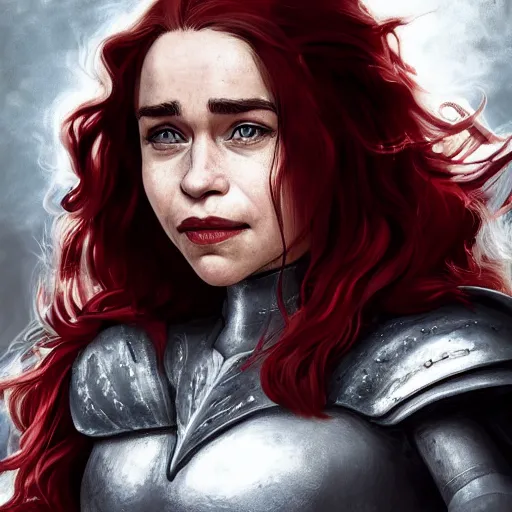 Image similar to emilia clarke, as a medieval fantasy character, with dark reddish hair, wearing light, silver armor and red clothing, tan complexion, holding a longsword, smiling, noble, cinematic, gloomy, realistic, digital art, character art, 8 k