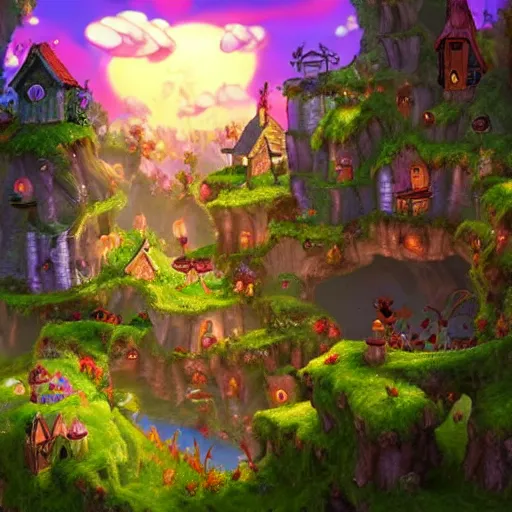 Image similar to A fantastical village inhabited by fairies, side-scrolling 2d platformer game level, swirling clouds, fantasy magical vegetation, dramatic dusk sun illuminates areas, volumetric light , detailed, rich color, upscale , 8k