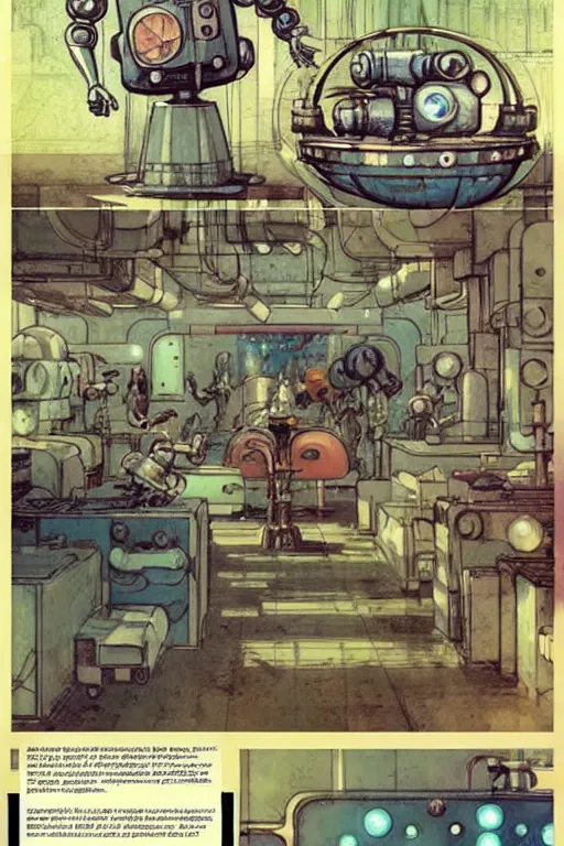 Prompt: whimsical comic book page layout ( ( ( ( ( 1 9 5 0 s retro future robot lab interior. muted colors. ) ) ) ) ) by jean - baptiste monge!!!!!!!!!!!!!!!!!!!!!!!!!!!!!!