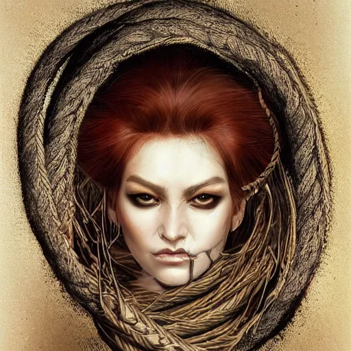 Image similar to portrait of a Shibari rope wrapped face and neck, headshot, insanely nice professional hair style, dramatic hair color, digital painting, of a old 15th century, old cyborg merchant, amber jewels, baroque, ornate clothing, scifi, realistic, hyperdetailed, chiaroscuro, concept art, art by Franz Hals and Jon Foster and Ayami Kojima and Amano and Karol Bak,