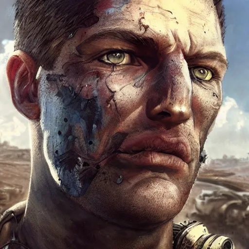 Prompt: portrait painting of a post apocalyptic man, ultra realistic, concept art, intricate details, eerie, highly detailed, fallout, mad max, wasteland, photorealistic, octane render, 8 k, unreal engine 5. art by artgerm and greg rutkowski and alphonse mucha