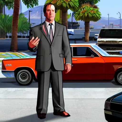 Image similar to Saul Goodman in GTA V . Los Santos in the background, palm trees. In the art style of Stephen Bliss.