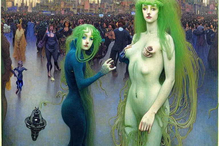Image similar to realistic extremely detailed portrait painting of ghost girl with green hair wearing dress in a crowded sci-fi city street, very detailed alien crowd by Jean Delville, Amano, Yves Tanguy, Alphonse Mucha, Ernst Haeckel, Edward Robert Hughes, Roger Dean, rich moody colours, blue eyes