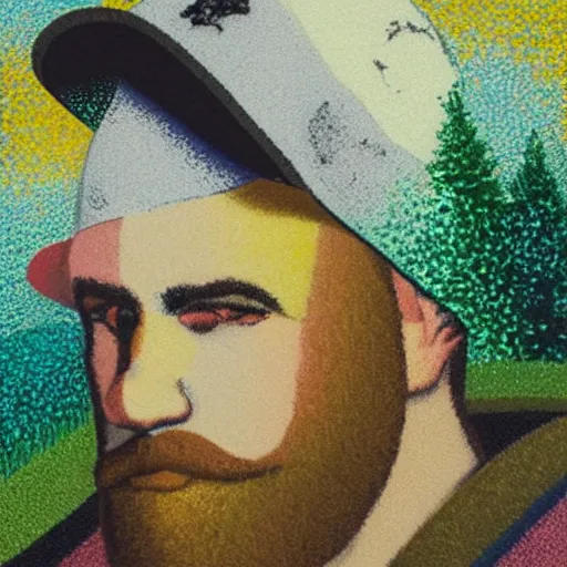 Prompt: colorful portrait of a white man with a black baseball cap, brown beard, and grey shirt on the summit of a forested mountain in the style of pointillism, abstract art, psychedelic