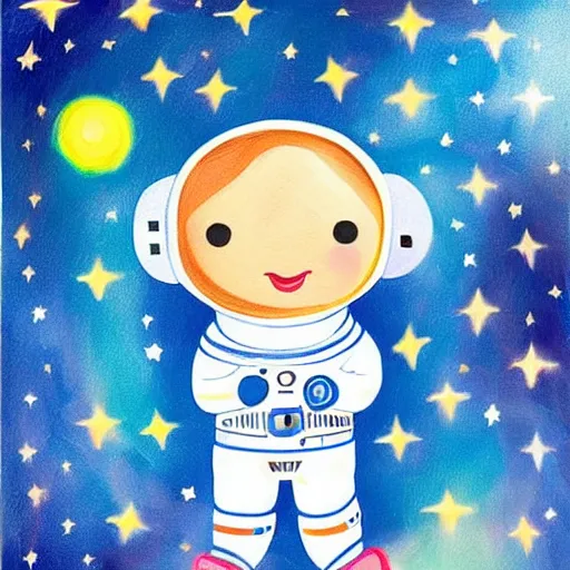 Prompt: a cute little girl with a round cherubic face, blue eyes, and short wavy light brown hair smiles as she floats in space with stars all around her. she is an astronaut, wearing a space suit. beautiful painting with highly detailed face by axel scheffler