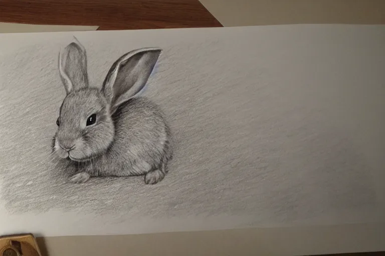 Prompt: Pencil sketch of a cute rabbit, detailed, photorealism