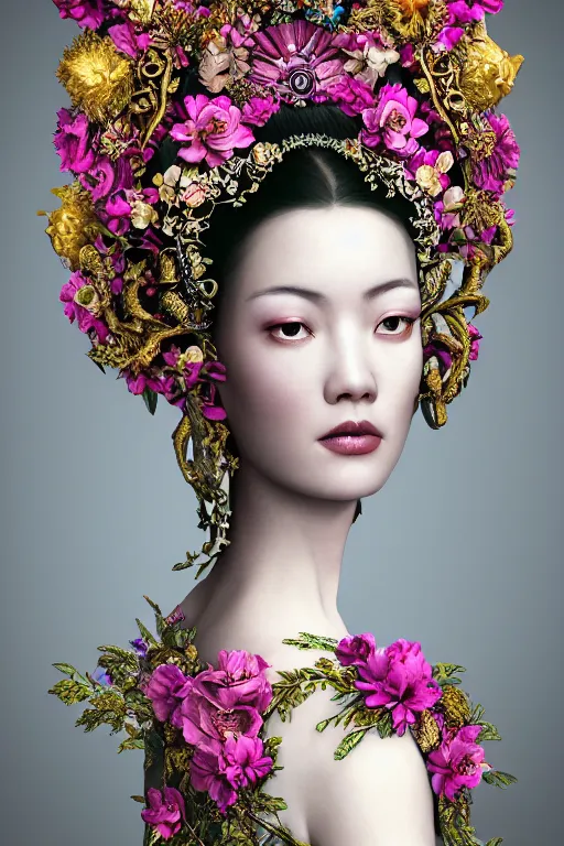Prompt: a beautiful empress portrait, with a brilliant, impossible striking big flower headpiece, clothes entirely made out of flowers, symmetrical, dramatic studio lighting, rococo, baroque, jewels, asian, hyperrealism, closeup, D&D, fantasy, intricate, elegant, highly detailed, digital painting, artstation, octane render, 8k, concept art, matte, sharp focus, illustration, art by Artgerm and Greg Rutkowski and Alphonse Mucha