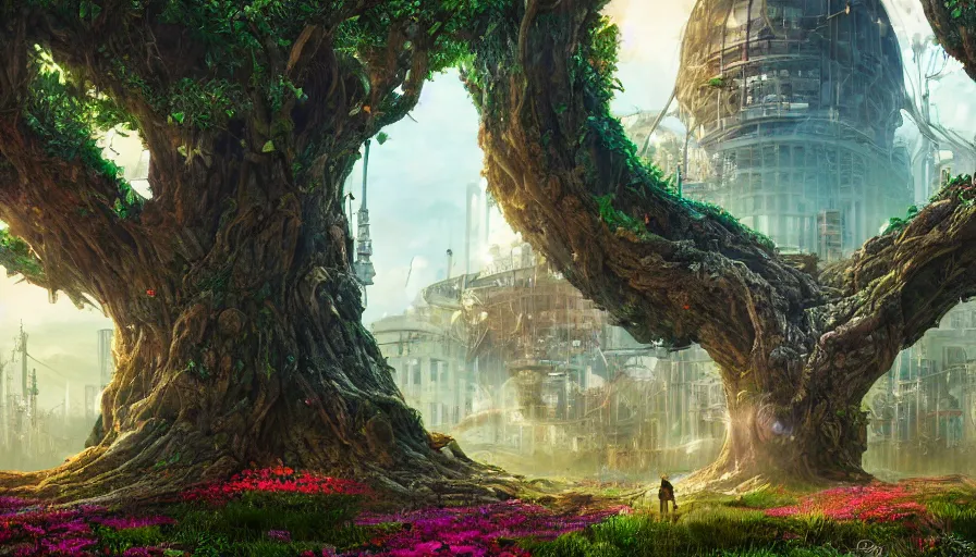 Prompt: ben lo illustration of the largest tree in the world under glass dome, bioshock concept art, solarpunk, hopeful, colorful, flowers, deity, unreal engine, hyper realism, realistic shading, cinematic composition, realistic render, octane render, detailed textures, photorealistic, wide shot