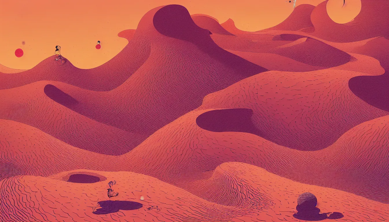 Image similar to desert dunes by balmy enso, jamie hewlett, nicolas delort, moebius, victo ngai, josan gonzalez, kilian eng