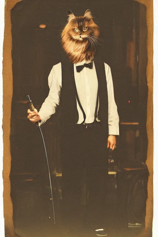 Prompt: of a gangster guy with the head of a british longhair cat, wearing vest suite in the night club, by greg rutkowski 3 5 mm photograph