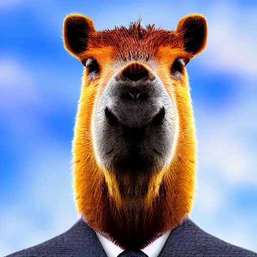 Image similar to a high quality photo of an antropomorphic capybara wearing a suit, 8k, digital art