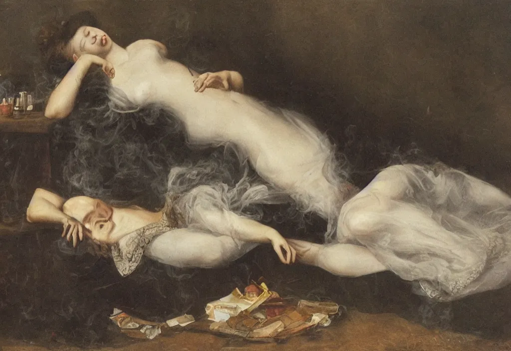 Prompt: A lady lying in smoke