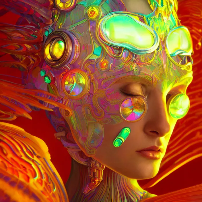 Image similar to bright psychedelic portrait of organic cyborg, wings, volumetric smoke, diffuse lighting, fantasy, intricate, elegant, highly detailed, lifelike, photorealistic, digital painting, artstation, illustration, concept art, smooth, sharp focus, art by John Collier and Albert Aublet and Krenz Cushart and Artem Demura and Alphonse Mucha